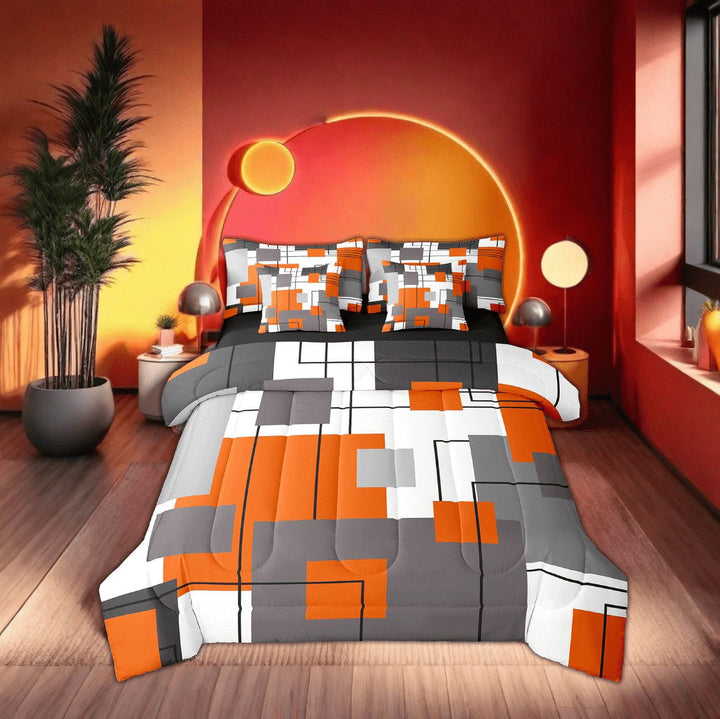 Erosebridal Black White Grey Orange Bed In A Bag Twin 7 Piece Geometric Square Comforter Set Adults Geometry Striped Bedding Comforter Sets Soft Lightweight Modern Abstract Bed Set