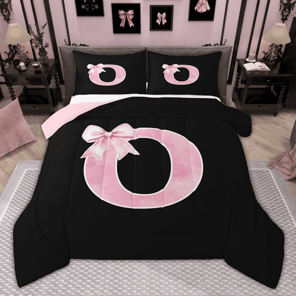 Manfei Cute Girls Bowknot Bowtie Bedding Comforter Set, Monogrammed Twin Comforter Sets, Personalized Letter O Bedding Set, Lightweight Bedroom Decor, Reversible 2-Piece