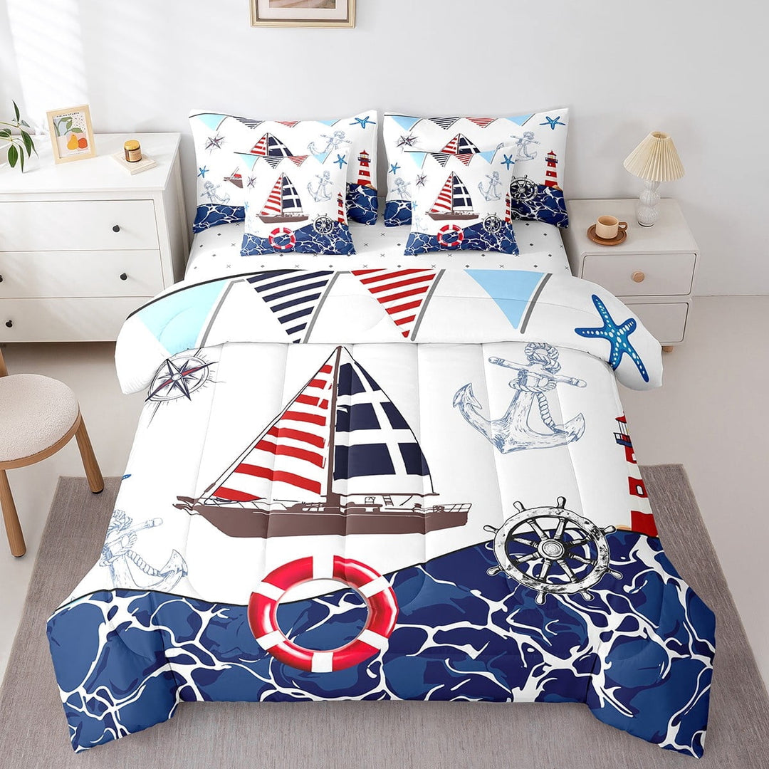 Erosebridal Anchor Boat Bedding Sets Twin Size,Nautical Compass Comforter Sets with Sheets,Ocean Sea Bed in a Bag Twin size,Lightweight Marine Room Decoration,Reversible,7pcs