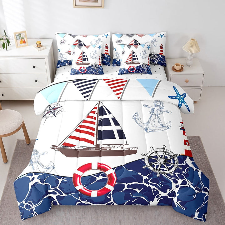 Erosebridal Anchor Boat Bedding Sets Twin Size,Nautical Compass Comforter Sets with Sheets,Ocean Sea Bed in a Bag Twin size,Lightweight Marine Room Decoration,Reversible,7pcs