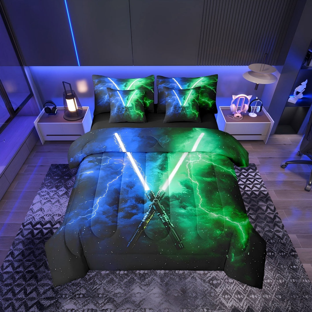 Erosebridal Blue Lightsaber Bedding Twin Comforter Set, Games Neon Light Sword Down Comforter, Starry Sky Decor, Reversible