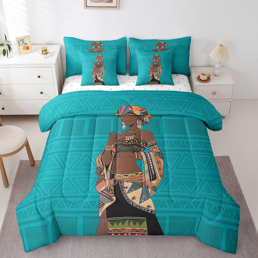 Egyptian Comforter Set King Size 7 Piece,African Woman Bedding Set With Sheets,Tribal Egypt Style Exotic Bed In A Bag With Pillow Cases And Covers,Reversible Turquoise