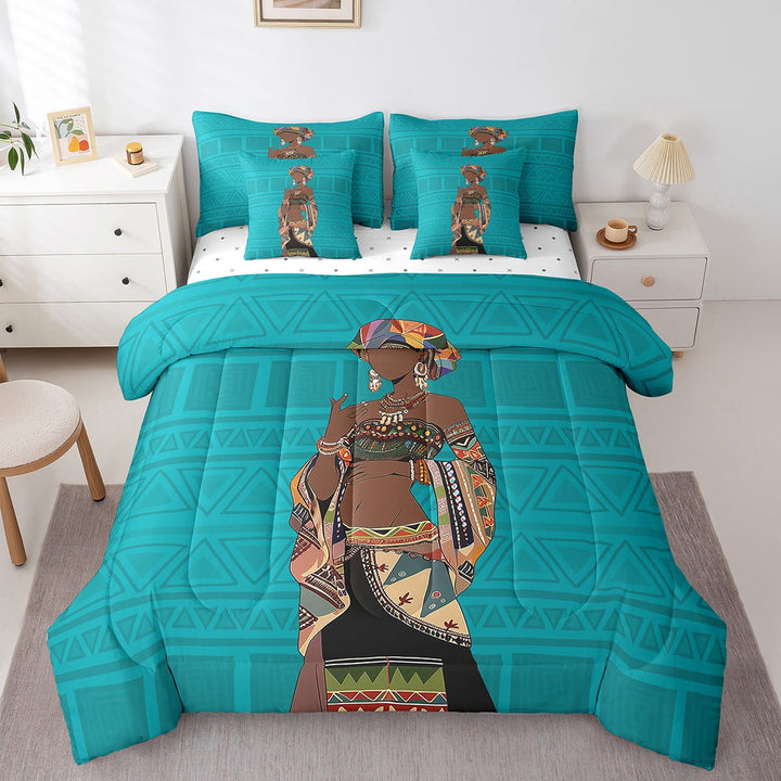 Egyptian Comforter Set King Size 7 Piece,African Woman Bedding Set With Sheets,Tribal Egypt Style Exotic Bed In A Bag With Pillow Cases And Covers,Reversible Turquoise