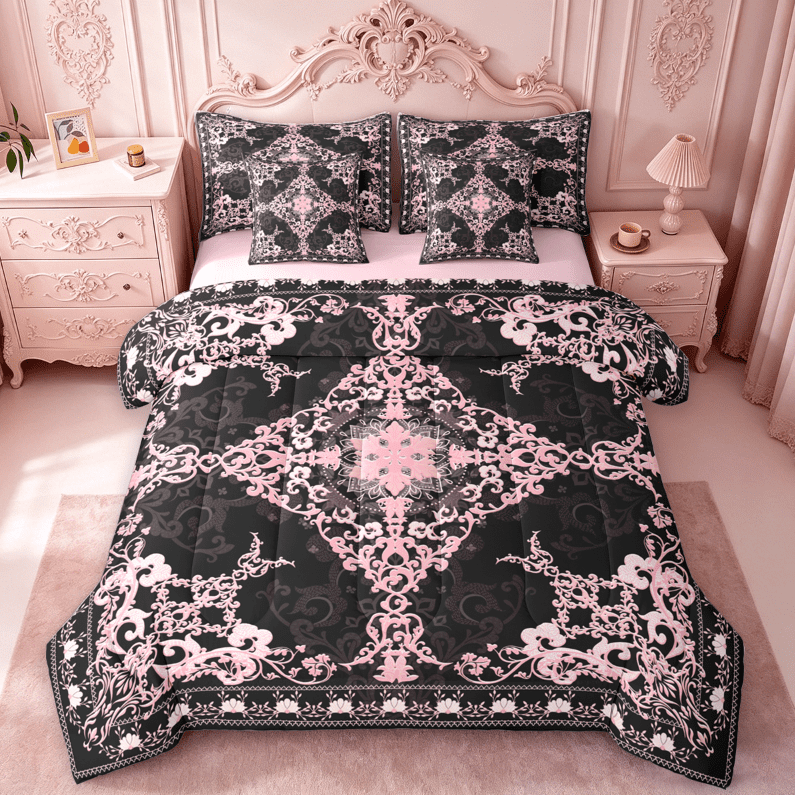 Erosebridal Pink Baroque Floral 7pcs Bedding Comforter Set,Vintage Gothic Damask Queen Bedding Sets For Men Women,Reversible pink