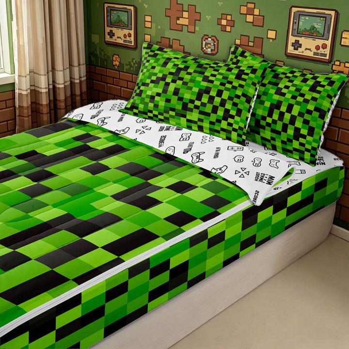 meiyoeat Green Black Pixel Zipper Full Size Comforter Sets with Fitted Sheet and 2 Pillowcases for Kids Boys, Block Grid Zipper Bedding Set for Bedroom, Gamepad ReversibleB