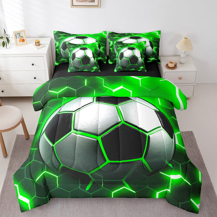 Soccer Bedding Comforter Sets 7 Pieces Football Sports Bed in a Bag, Green Neon Honeycomb Twin Bedding Sets Geometric Hexagon Comforter Set, Green Black White Bedding Sets &amp; Collections