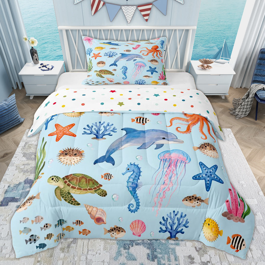 Erosebridal Cartoon Dolphin Twin Comforter Sets, Seahorse Jellyfish Bedding Set, Blue, 2pcs