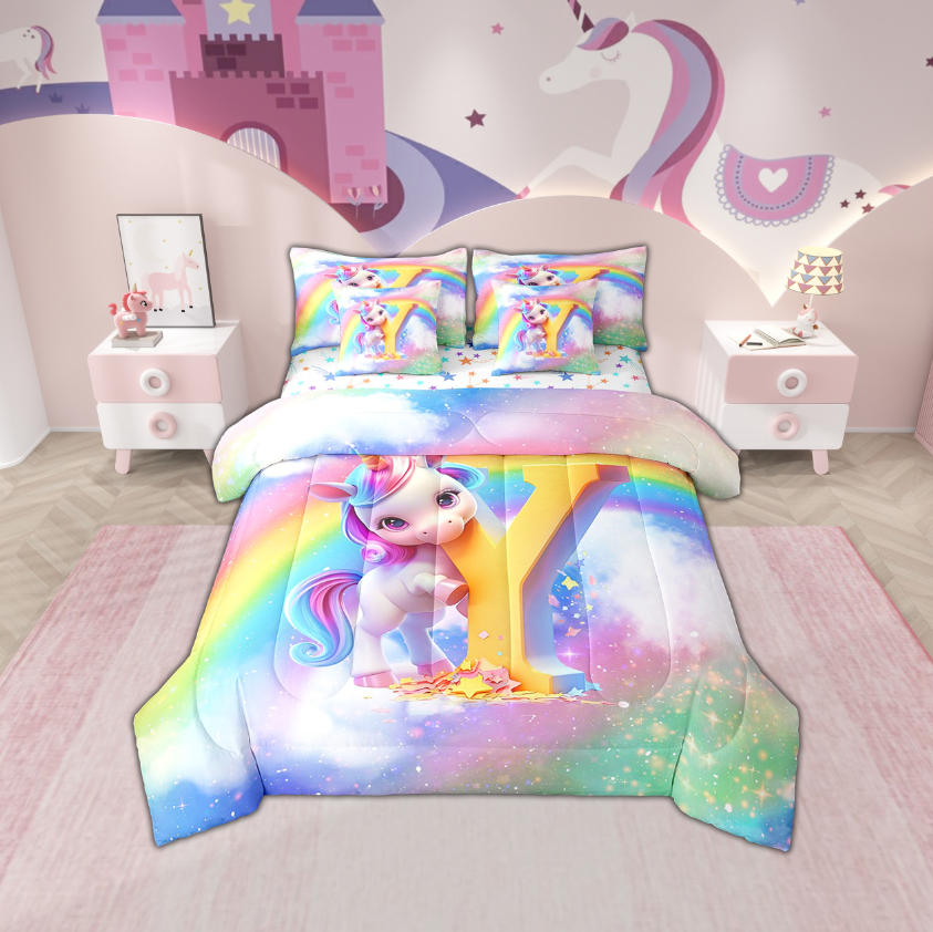 Erosebridal Initial A to Z Letter Bed in a Bag Twin size, Monogrammed Y Bed Set, Unicorn Reversible Bedding Twin Size, Microfiber Bedroom Decor, 7pcs