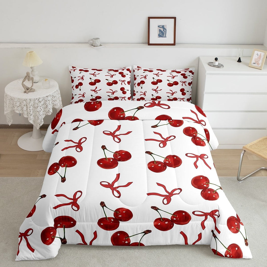 Erosebridal Red Cherry Bedding Sets Full with Comforter, Cartoon Bow Duvet Insert, Princess Style Decor, Reversible 3 Pieces