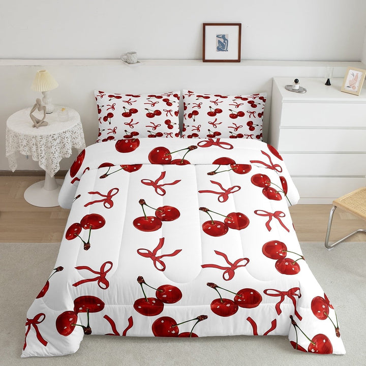 Erosebridal Red Cherry Bedding Sets Full with Comforter, Cartoon Bow Duvet Insert, Princess Style Decor, Reversible 3 Pieces
