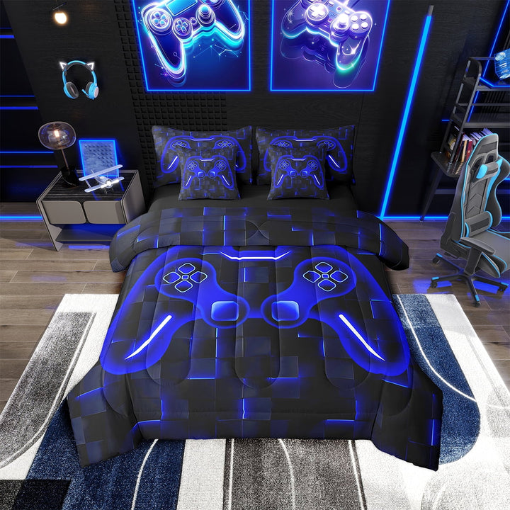 Erosebridal Black and Navy Bedding Twin Size 7-Piece, Gamer Gaming Bed Set Teen, Reversible