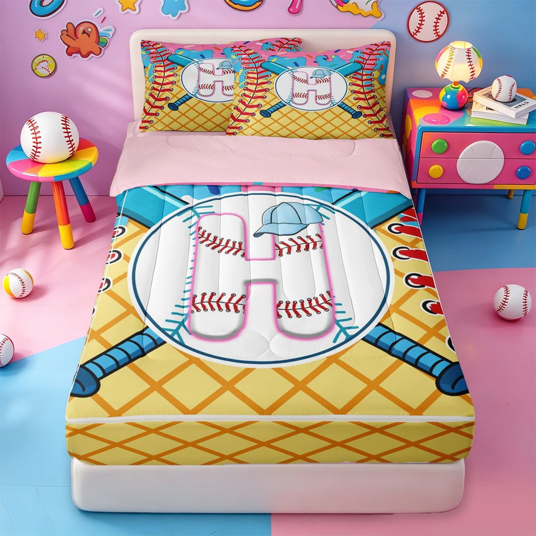 meiyoeat Cute Letter H Monogrammed Zipper Twin Comforter Sets with Fitted Sheet and 2 Pillowcases For Boys Kids,3D Cartoon Baseball Ice Cream Zipper Bedding Set For Girls,pink Reversible,4-Piece