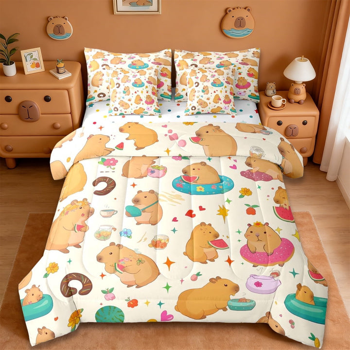 Erosebridal Cute Capybara 7-Piece Twin Bedding Sets For Capybara Lovers 7-Piece Twin Bedding Sets,Kawaii Flower Sweet Doughnut Bedding Comforter Set For Kids Girls Reversible