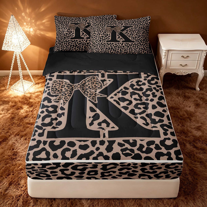 meiyoeat Leopard Print Bow Letter K Zipper Full Size Comforter Sets with Fitted Sheet and 2 Pillowcases, Women Teens, Brown Animal Print Zipper Bedding Set, Black Reversible