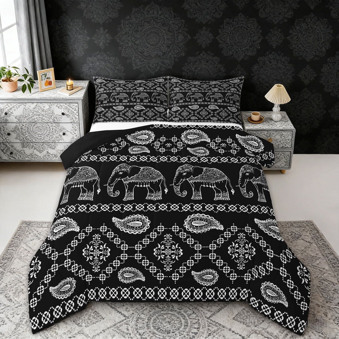 Erosebridal Bohemian Black Paisley Queen Comforter Set, Hippie Elephant Bedding Comforter Set, Black Reversible 3 Pieces, 1 Comforter and 2 Pillowcases