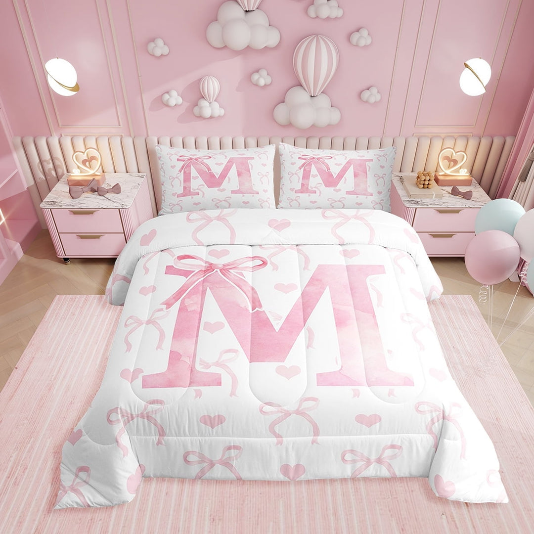 Erosebridal Initial Letter M Bedding Sets Twin with Comforter, Dreamy Bow Love Duvet Insert, Girly Romantic Decor, Reversible 2pcs