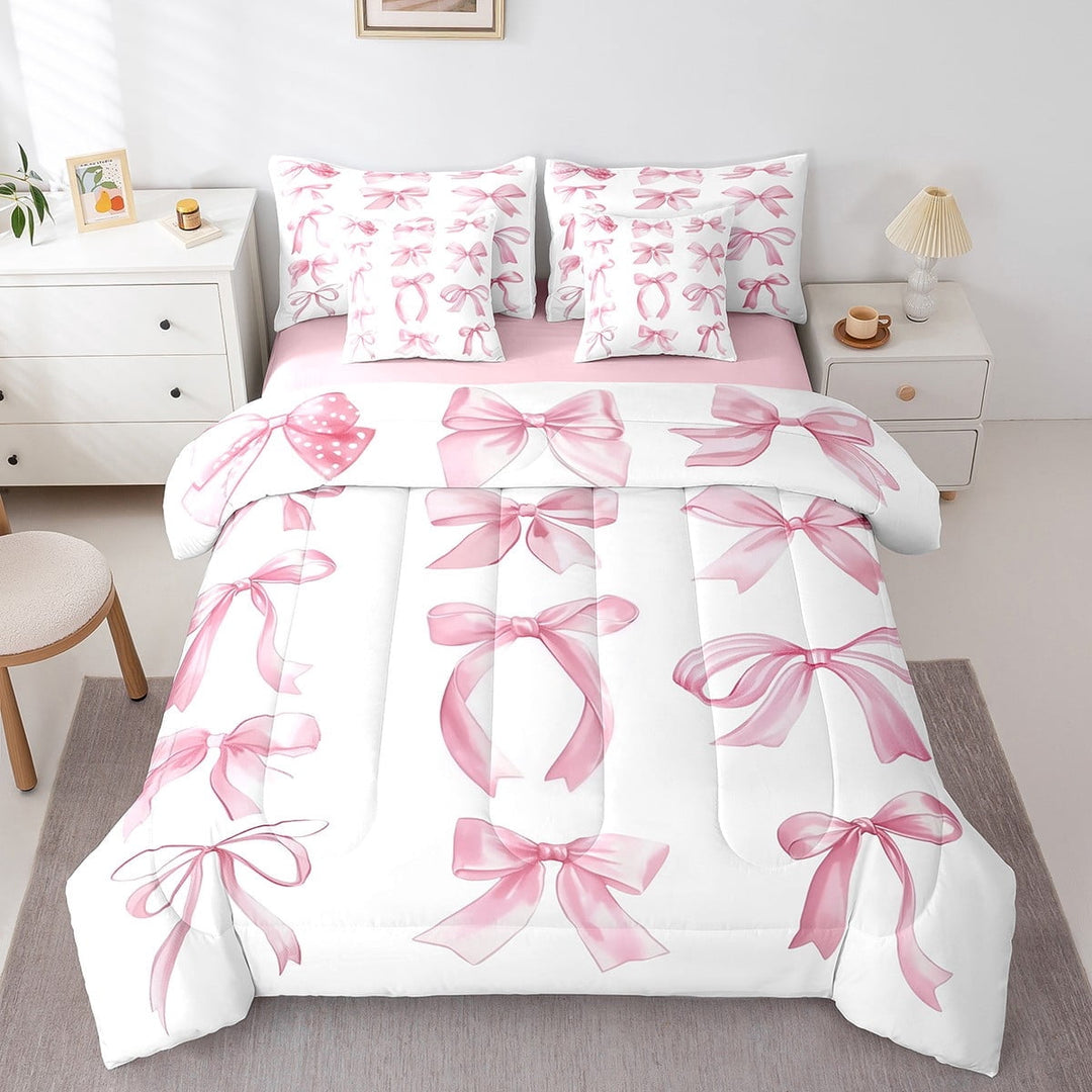 Erosebridal Kawaii Bow Tie Bedding Sets Twin Size,Pink White Comforter Sets with Sheets,Ribbon Bowknot Bed in a Bag Twin size,Ultra Soft Cute Room Decor,Reversible,7pcs