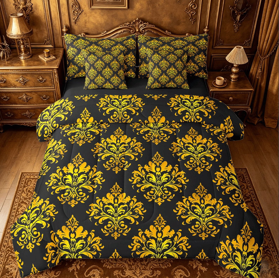 Erosebridal Gothic Floral Bed in a Bag Twin Size,Gold Jacquard Bed Set,Boho Bohemain Flower Bedding Twin Size,Lightweight Room Decor Reversible,7 Pieces