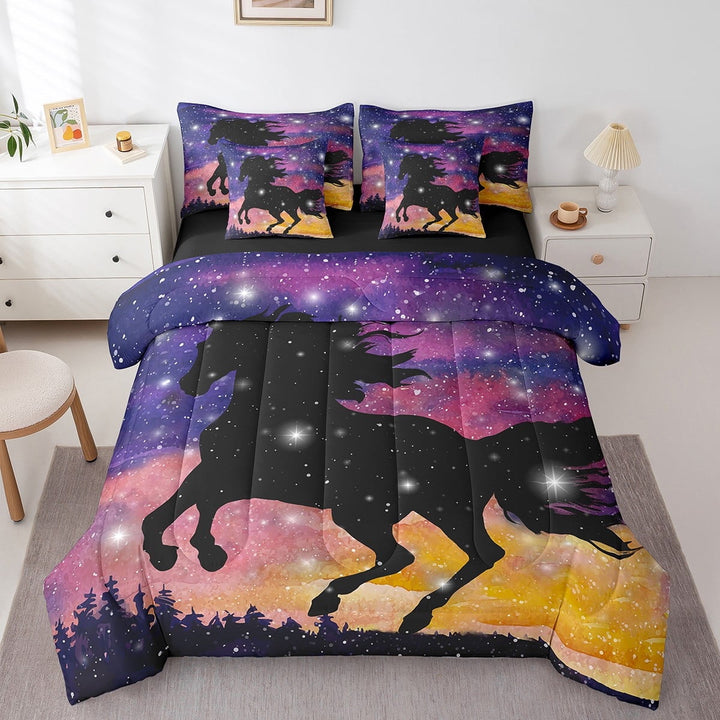 Erosebridal Horse Bed In A Bag 7 Piece Twin Galaxy Horse Comforter Set With Horse Sheet Set Adults,Starry Sky Stars Animal Bedding Set Reversible Black Bed Set