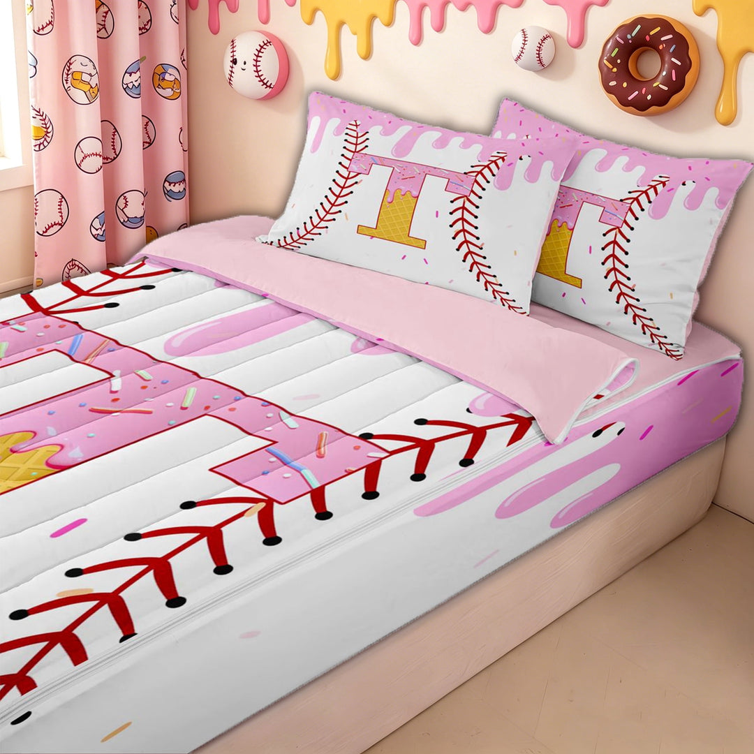 meiyoeat Ice Cream Baseball Alphabet T Zipper Full Size Comforter Sets with Fitted Sheet and 2 Pillowcases for Kids, Cute Letter Zipper Bedding Set, Pink Yellow, Pink Reversible, 4pcs
