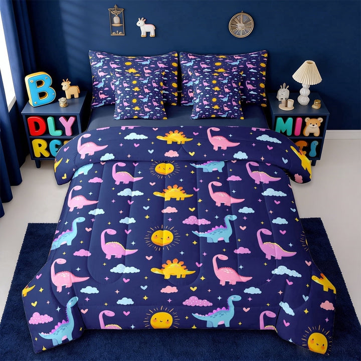 Erosebridal Retro Dino Pattern 7-Piece Twin Bedding Sets,Vintage Dinosaur Animals Bedding Comforter Set For Boys Kids,Reversible