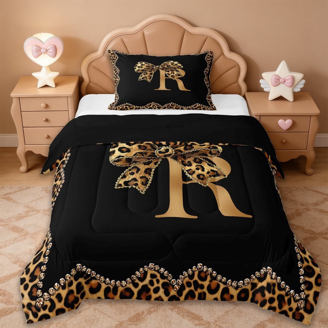Erosebridal Leopard Pattern Personalized Gifts Twin Comforter Sets,Brown Bow Knots Alphabet R Bedding Set For Kids Girls,Reversible black,2-Piece