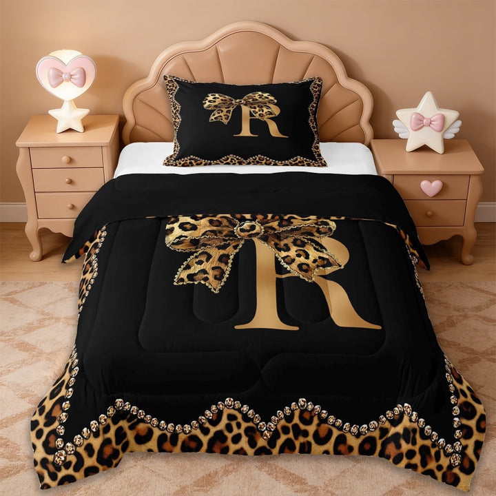 Erosebridal Leopard Pattern Personalized Gifts Twin Comforter Sets,Brown Bow Knots Alphabet R Bedding Set For Kids Girls,Reversible black,2-Piece