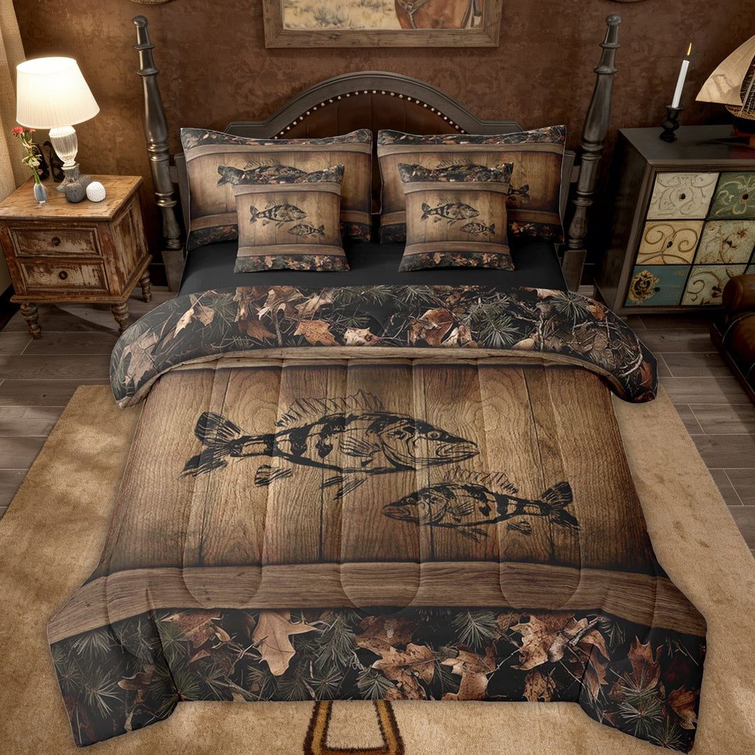 Erosebridal Camo Bass Fish 7 Piece Bed In A Bag Fishing Bass Big Fish Bedding Set King Rustic Farmhouse Lake House Comforter Set Men,Retro Tree Camouflage Cabin Sheet Set With Comforter