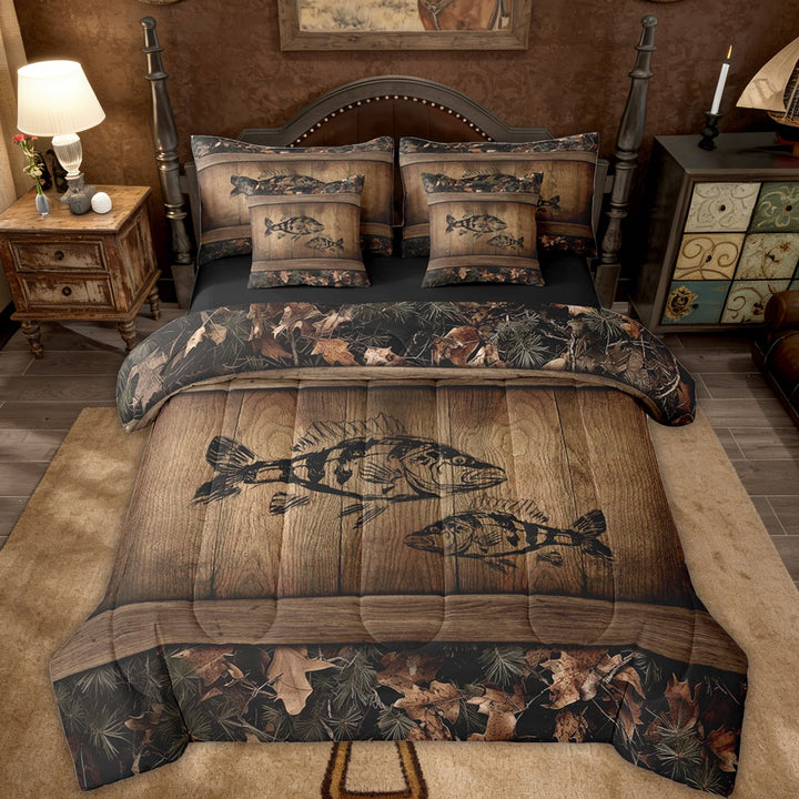 Erosebridal Camo Bass Fish 7 Piece Bed In A Bag Fishing Bass Big Fish Bedding Set King Rustic Farmhouse Lake House Comforter Set Men,Retro Tree Camouflage Cabin Sheet Set With Comforter