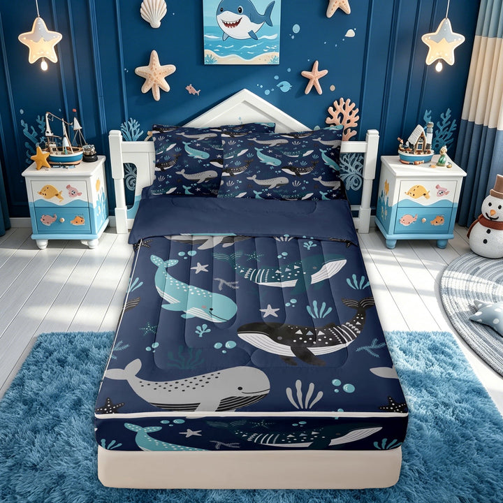 meiyoeat Humpback Whale Ocean Zipper Twin Comforter Sets with Fitted Sheet and 2 Pillowcases for Boys Girls, Tribal Dot Starfish Sea Marine Zipper Bedding Set, Navy, Blue Reversible, 4pcs