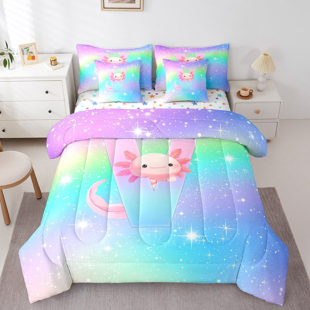 Erosebridal Kawaii Axolotl Bed in a Bag Twin Size,Gradient Initial Monogrammed V Bed Set,Rainbow Gift For Girly Teenagers Bedding Twin Size,Super Cozy Room Decoration Reversible,7 Pieces