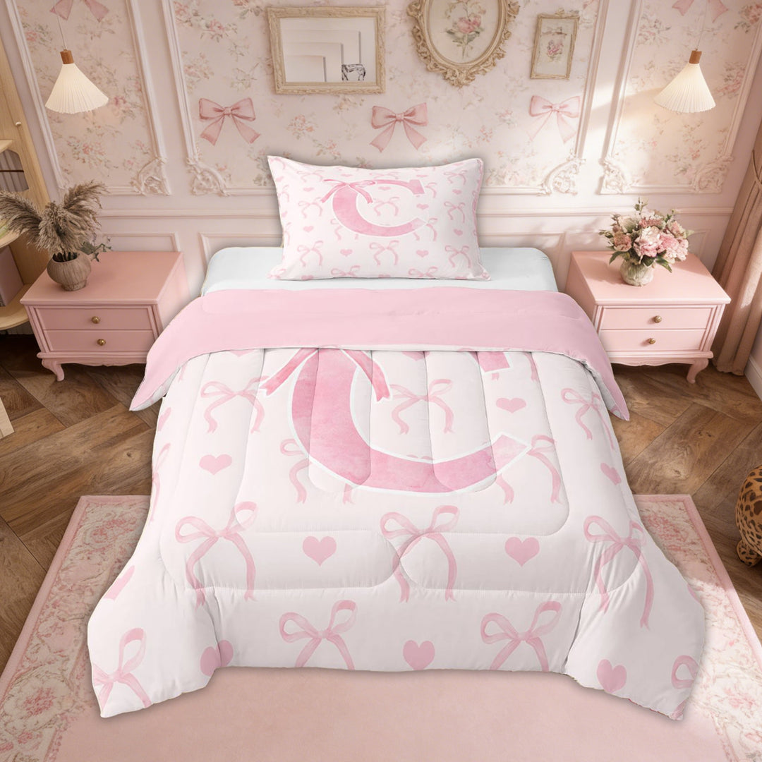 Erosebridal Pink Bowknot Bedding Sets Twin with Comforter, Initial C Letter Duvet Insert, Cartoon Love Decor, Reversible