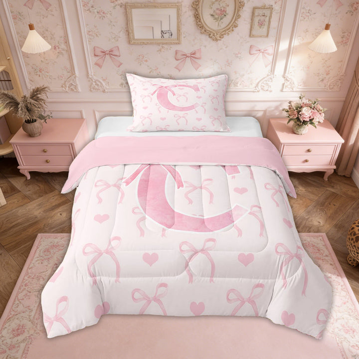 Erosebridal Pink Bowknot Bedding Sets Twin with Comforter, Initial C Letter Duvet Insert, Cartoon Love Decor, Reversible