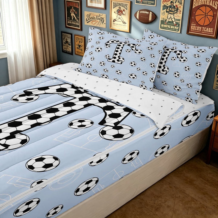 meiyoeat Honeycomb T Letter Zipper Twin Comforter Sets with Fitted Sheet and 2 Pillowcases for Boys, Kawaii Football Print Zipper Bedding Set, Reversible, 4 Pieces
