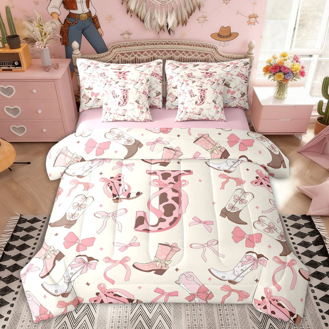 Erosebridal Western Princess Bow Boot Twin Bedding Sets, Cartoon Letter J Bedding Comforter Set for Girls Kids, Pink Reversible, 7 Pieces