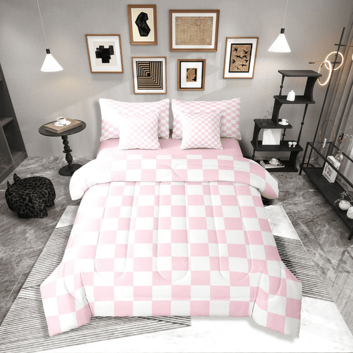 Erosebridal Plaid Square Bedding Sets Twin Size,Geometric Buffalo Comforter Sets with Sheets,Checkered Decor,Reversible,Breathable,7-Piece