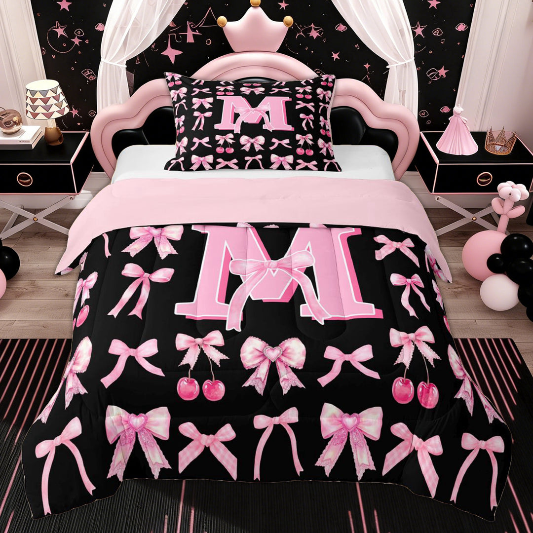 Erosebridal Kids M Letter Twin Comforter Sets, Black Pink Bowknot Cherry Bedding Set, 2 Pieces