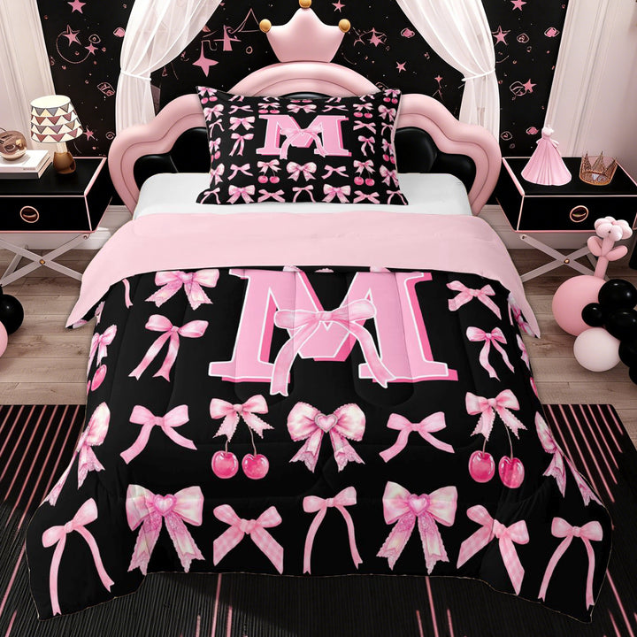 Erosebridal Kids M Letter Twin Comforter Sets, Black Pink Bowknot Cherry Bedding Set, 2 Pieces