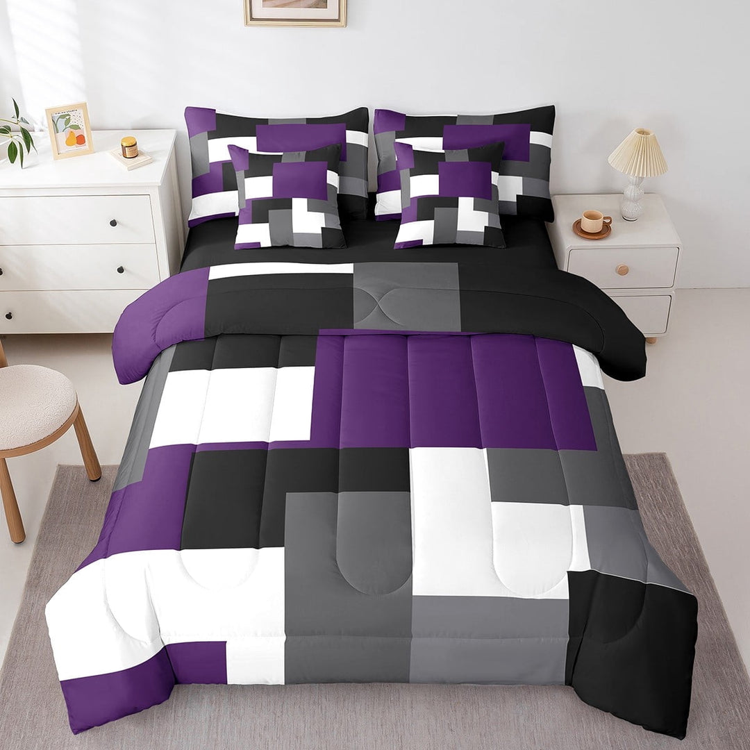Erosebridal Abstract Plaid Bedding Sets Twin Size,Sqare Rectangle Comforter Sets with Sheets,Geometric Grid Bed in a Bag Twin size,Microfiber Geometry Room Decorative,Reversible,7pcs
