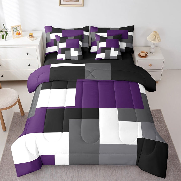 Erosebridal Abstract Plaid Bedding Sets Twin Size,Sqare Rectangle Comforter Sets with Sheets,Geometric Grid Bed in a Bag Twin size,Microfiber Geometry Room Decorative,Reversible,7pcs