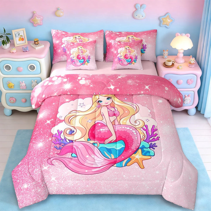Erosebridal Cute Mermaid Pattern 7-Piece Twin Bedding Sets,Ocean Life Sea Animal Bedding Comforter Set For Girls Teens,Reversible