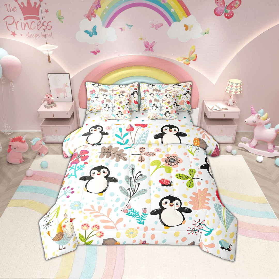 Erosebridal Cartoon Penguin Comforter Set With Sheets Twin Cute Penguin Bed In A Bag 7 Piece,Kawaii Floral Antarctic Animal Bedding Set Woodland Leaves Flowers Butterfly Bed Set