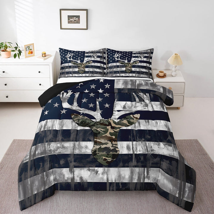 Erosebridal Black Gray American Flag Comforter Sets King Size, Camouflage Elk Comforters &amp; Duvets, July Fourth Bedding King Comforter Set, Lightweight Room Decorative, 3-Piece