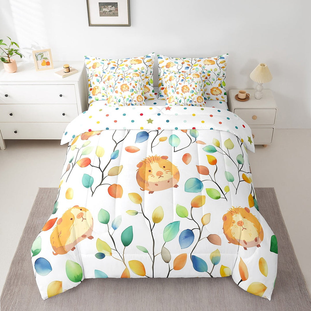 Erosebridal Cute Guinea Pig Bed in a Bag 7 Pieces Hippie Floral Bedding Set, Chic Flower Twin Size Comforter Set Watercolor Leaves Bedding Comforter Sets, Cartoon Hamster Bed Set