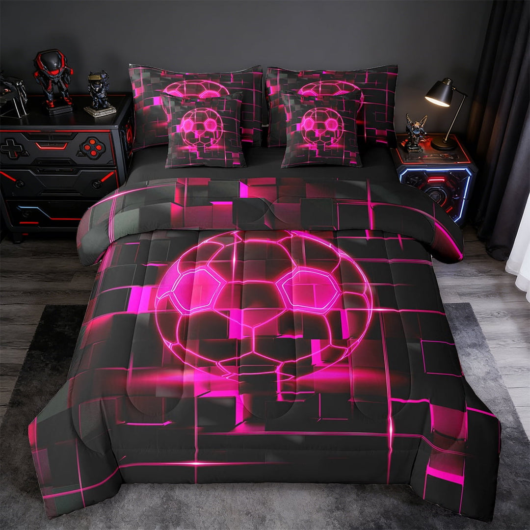 Erosebridal Red Football Bedding Sets Twin Size,Modern Geometric Grid Comforter Sets with Sheets,Pink Glowing Neon Light Bed in a Bag Twin Size For Teens,Breathable Room Decor Reversible,7-Piece