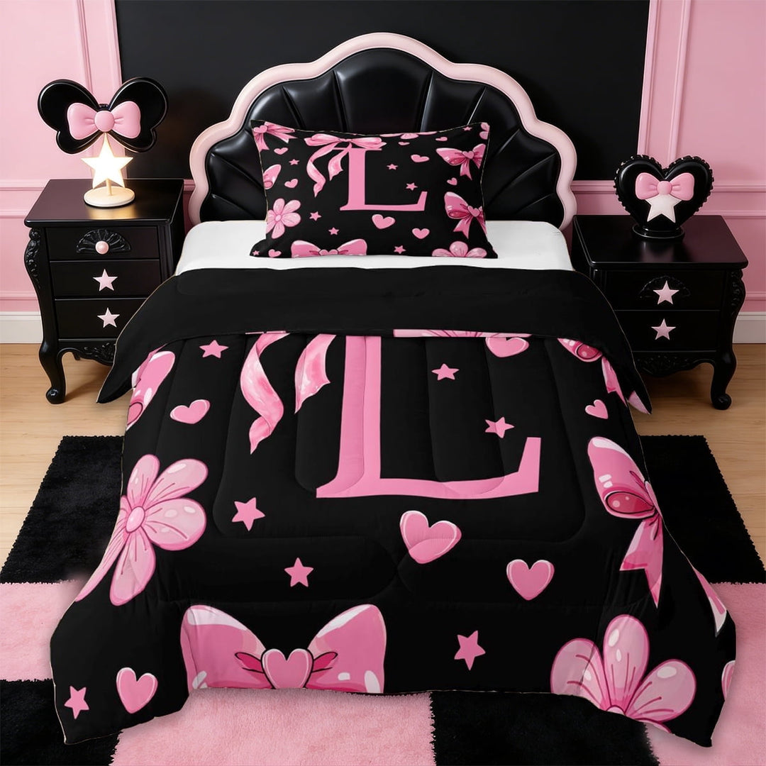Erosebridal Letter L Monogrammed Twin Comforter Sets,Pink Ribbon Bow Girls Bedding Set For Kids,Reversible black,2 Pieces