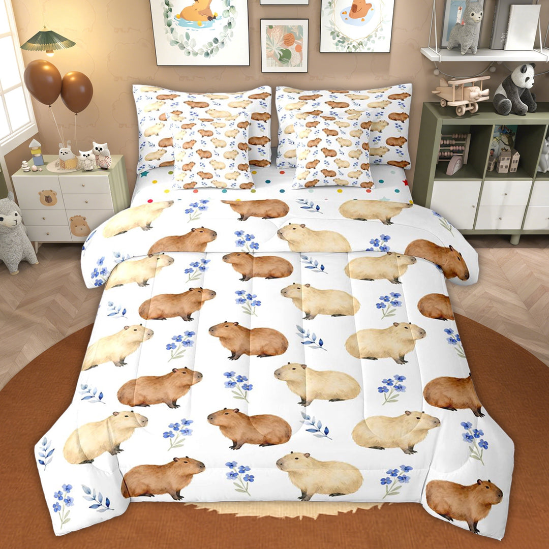 Erosebridal Cute Animal Capybara Kid Twin Bedding Sets, Blue Flower Bedding Comforter Set, White, 7pcs