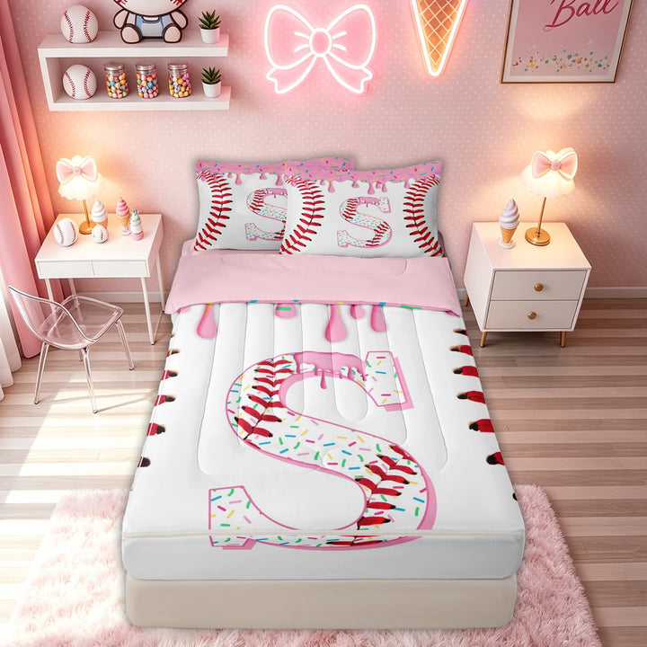 meiyoeat Sprinkle Baseball Letter T Zipper Full Size Comforter Sets with Fitted Sheet and 2 Pillowcases for Boys Girls, Pink Red Ice Cream Drip Sport Zipper Bedding Set, Pink Reversible, 4 Pieces