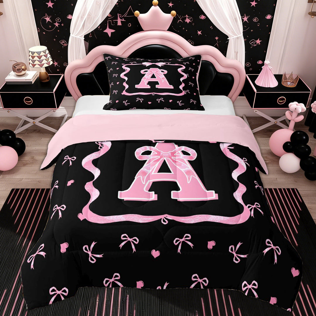 Erosebridal Kid Cute Ribbon Twin Comforter Sets, Initial A Letter Bedding Set, Pink Reversible, 2pcs