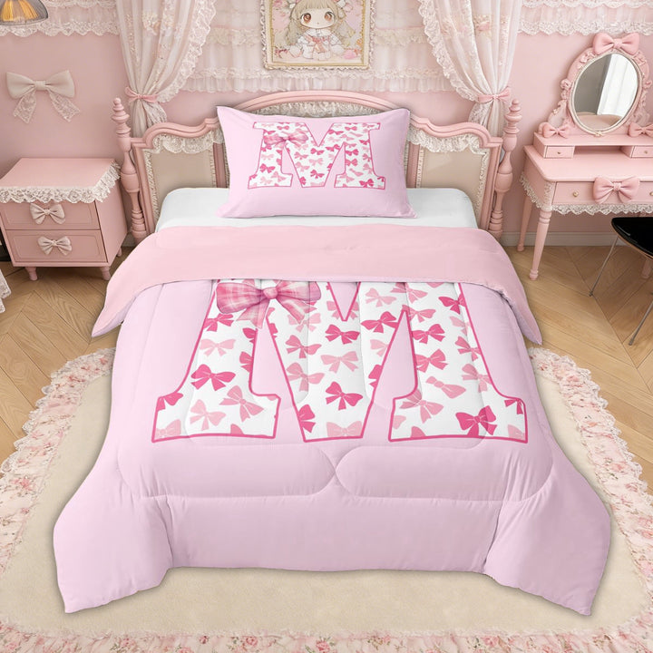 Erosebridal Pink Bow Letter M Twin Comforter Sets for Girls Women, Cute Buffalo Ribbon Bedding Set, Pink Reversible, 2pcs